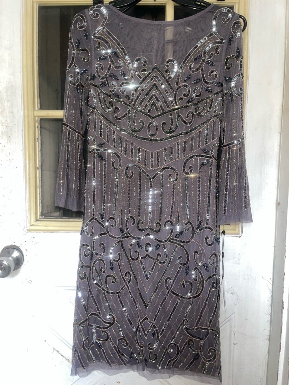 NWT Adrianna Papell Silver-Beaded Gray Long Sleeve Cocktail Dress retail $249.00